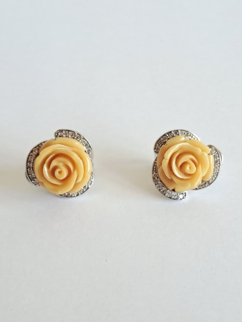 NEW Silver Pink Peach Rose Flower Earrings with Cubic Zirconia accents